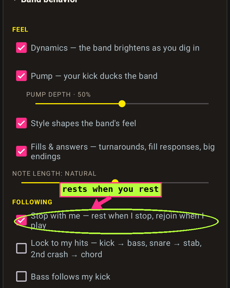 The Band behavior section with Lock to my hits circled