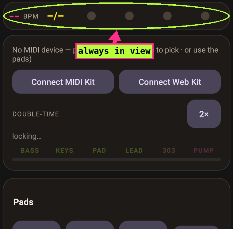 The band card mid-jam with BPM, meter, 2x button and part chips annotated