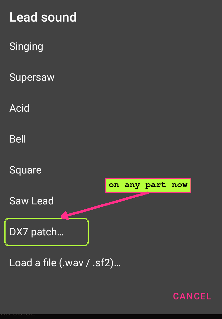 The Lead sound menu with the DX7 patch option highlighted