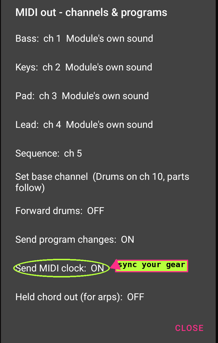 The MIDI out settings dialog with Send MIDI clock and Held chord out circled