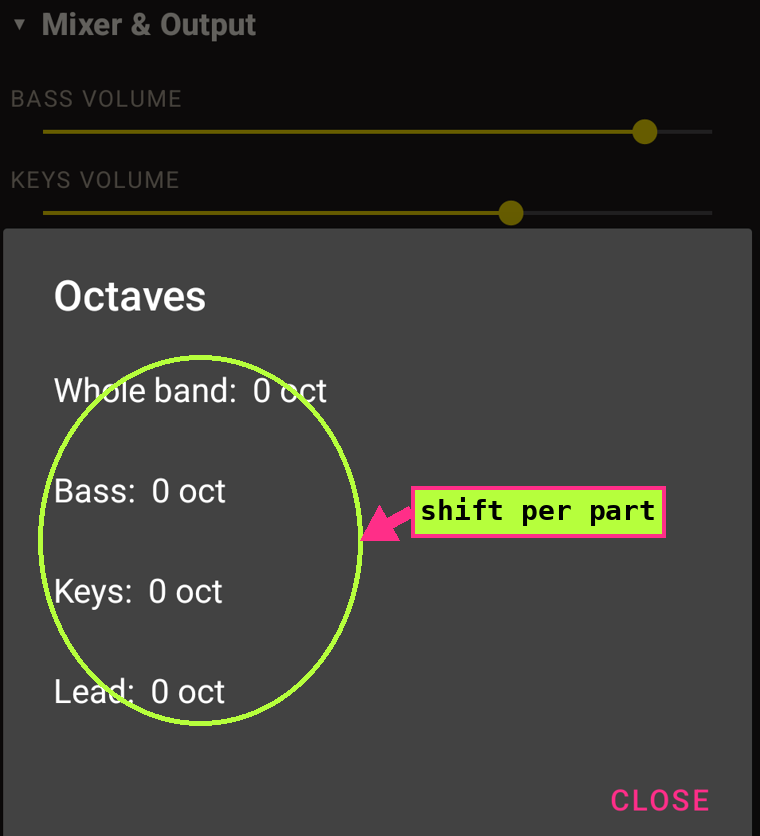 The Octaves control in Mixer and Output showing whole-band plus per-part octaves
