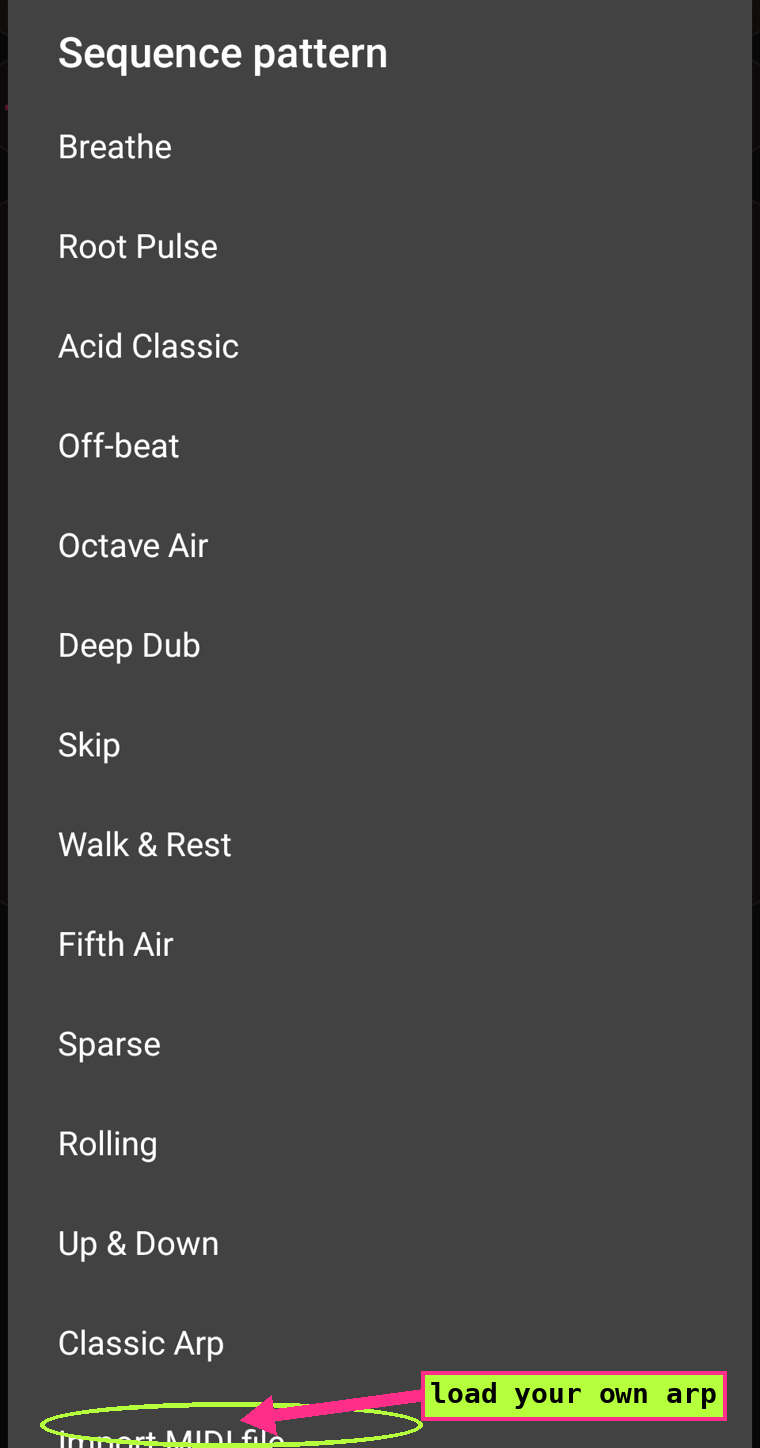 The Sequence pattern dialog with Import MIDI file circled