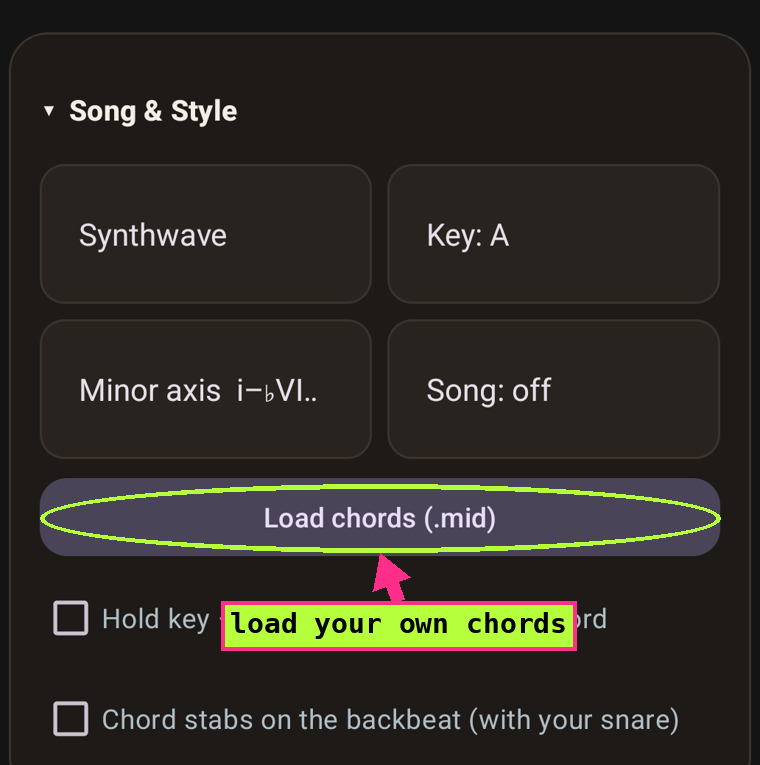 Song and Style section with Load chords circled