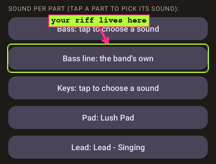 The per-part sound pickers with the Bass line button highlighted