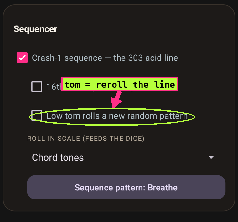 The Low tom rolls a new random pattern checkbox circled